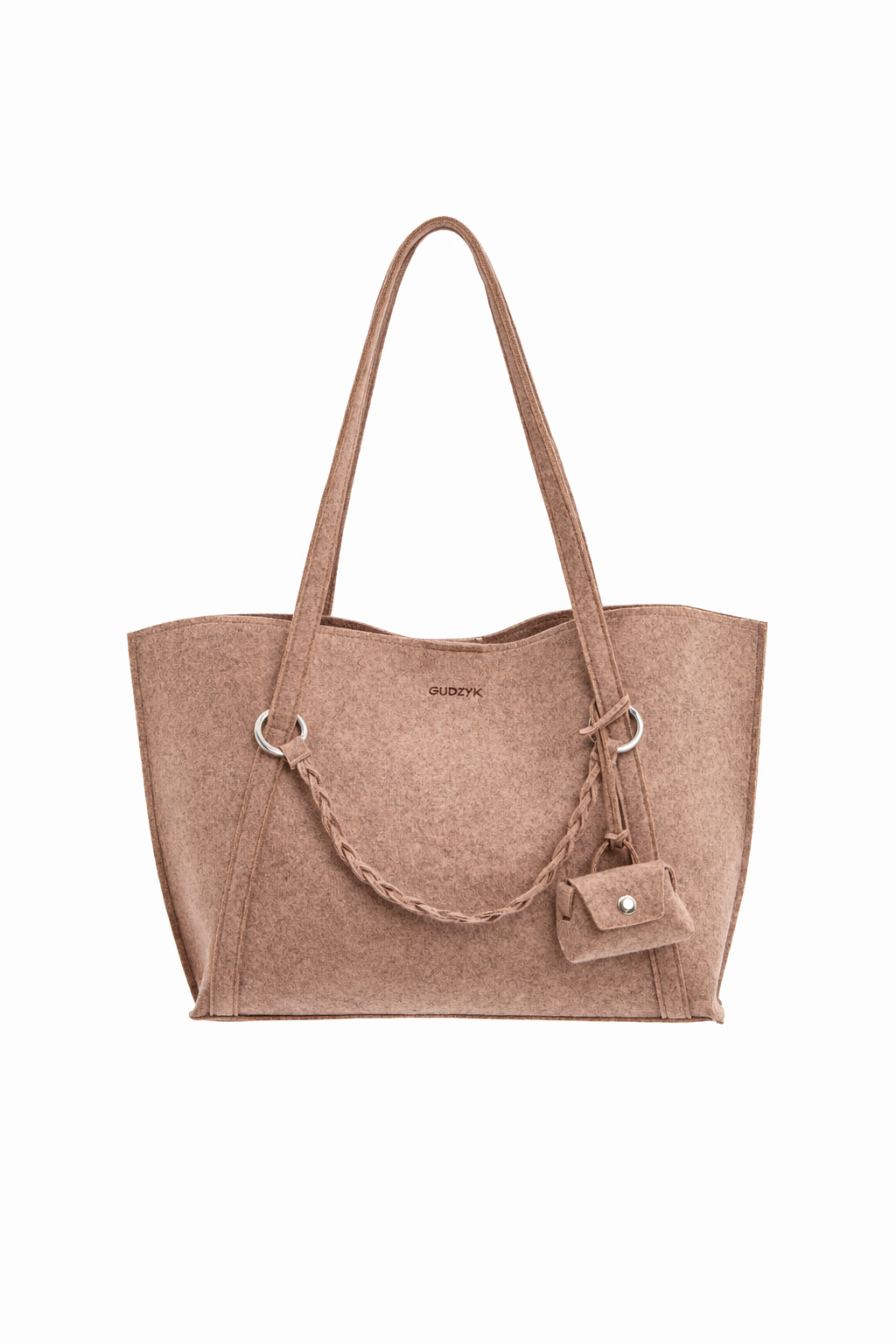 Beige tote bag with a mini bag on a white background