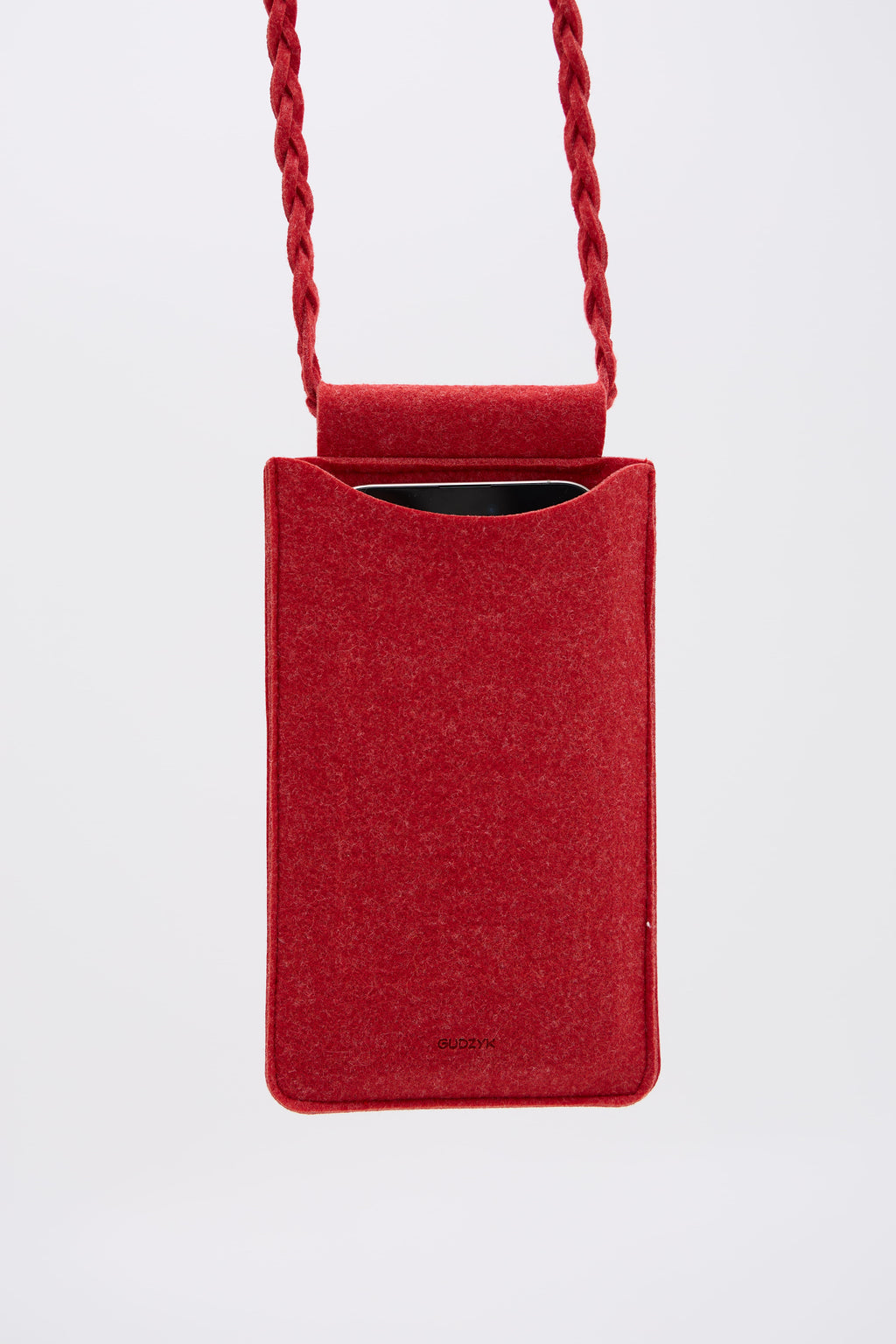Red phone pouch with a strap on a white background